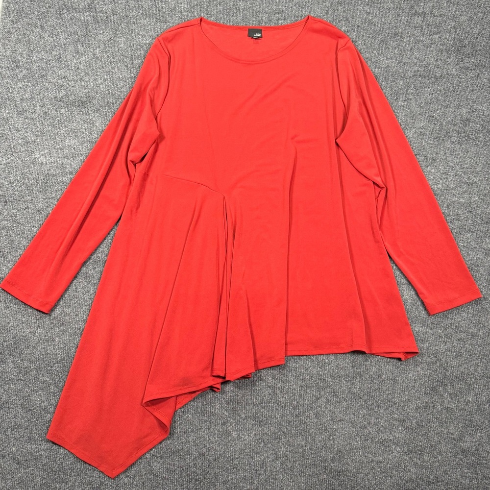 Lisa Bayne Red Asymmetrical Tunic Top Sz XXL 2X Long Sleeve Handkerchief Hem